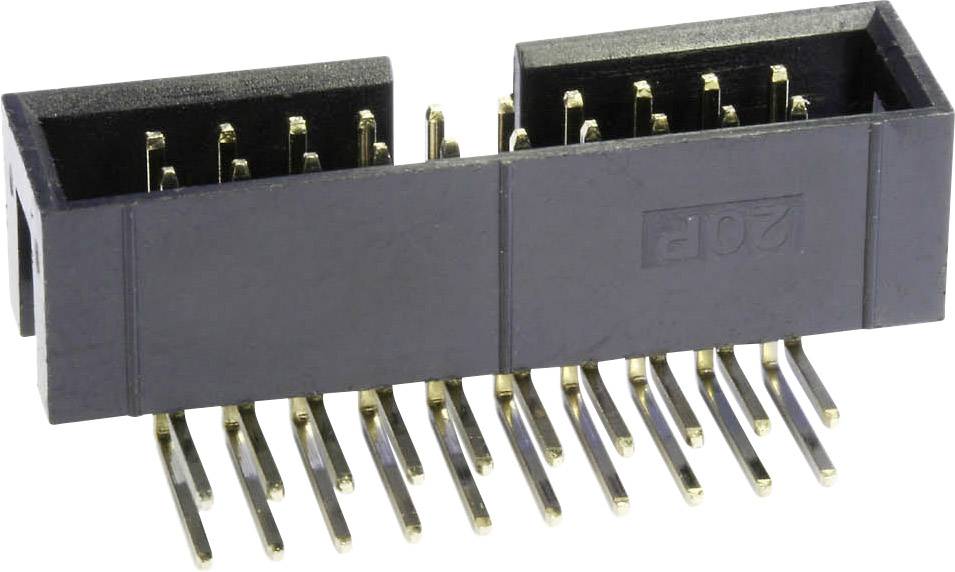 Zwarte elektrische stekker met twee rijen metalen pinnen. Hij wordt gebruikt om elektrische circuits te verbinden.