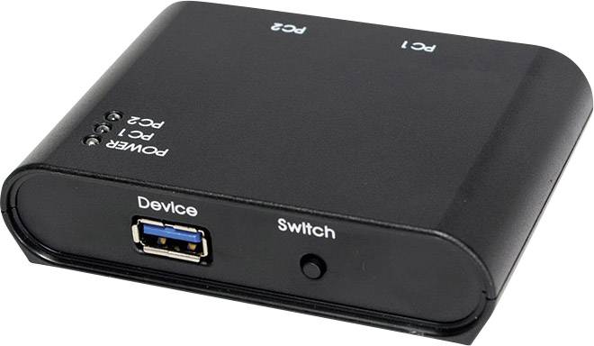 Een zwarte KVM-switch met twee aansluitingen voor PC1 en PC2 en een USB-poort. Opschrift 'Device' en 'Switch'.