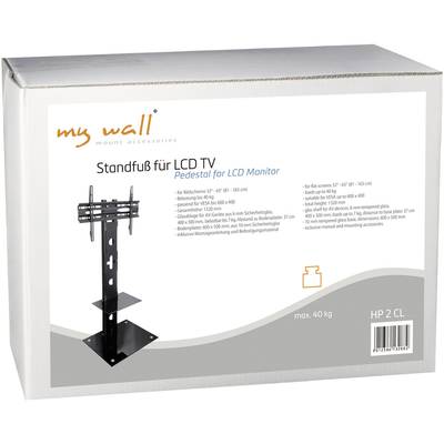 Verkoopdoos van een tv-standaard voor LCD-schermen, toont productafbeelding, merknaam 'my wall', en productinformatie in het Nederlands.