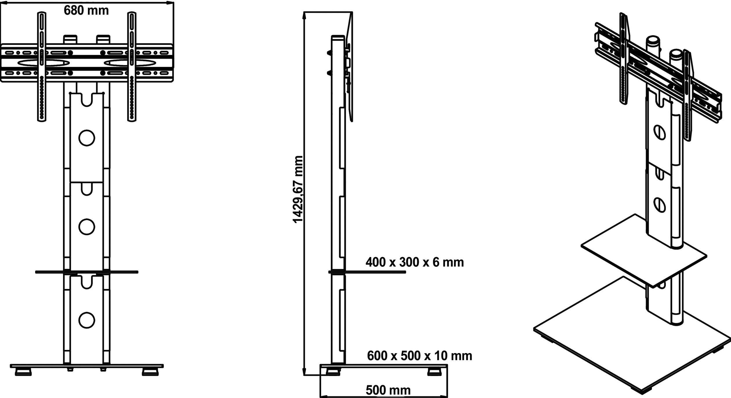 Tekening van een tv-standaard met afmetingen: hoogte 1439,67 mm, breedte 680 mm, basis 500 mm diepte. Twee schappen, bevestigingen bovenaan.