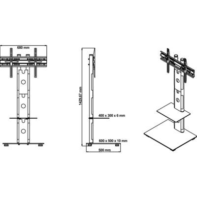 Tekening van een tv-standaard met afmetingen: hoogte 1439,67 mm, breedte 680 mm, basis 500 mm diepte. Twee schappen, bevestigingen bovenaan.