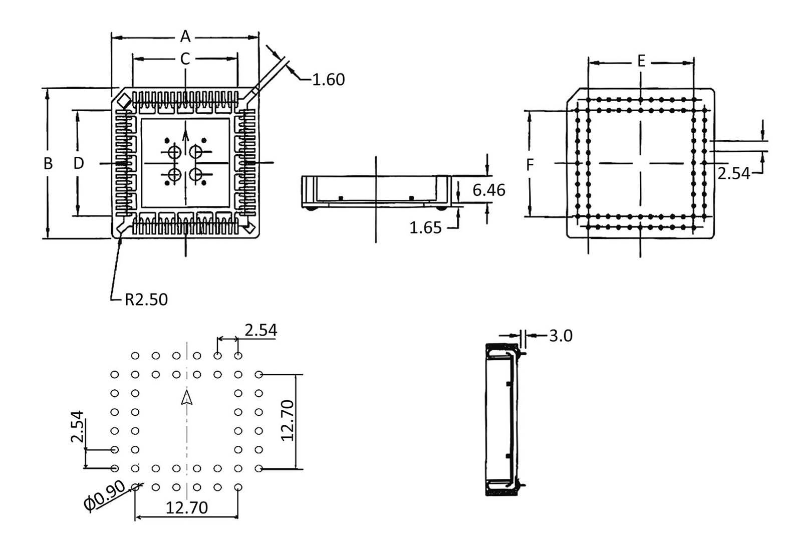 Technische tekening van een vierkante chip met afmetingen. Toont bovenaanzicht, zijaanzicht en gatenpatroon. Maten in millimeters.