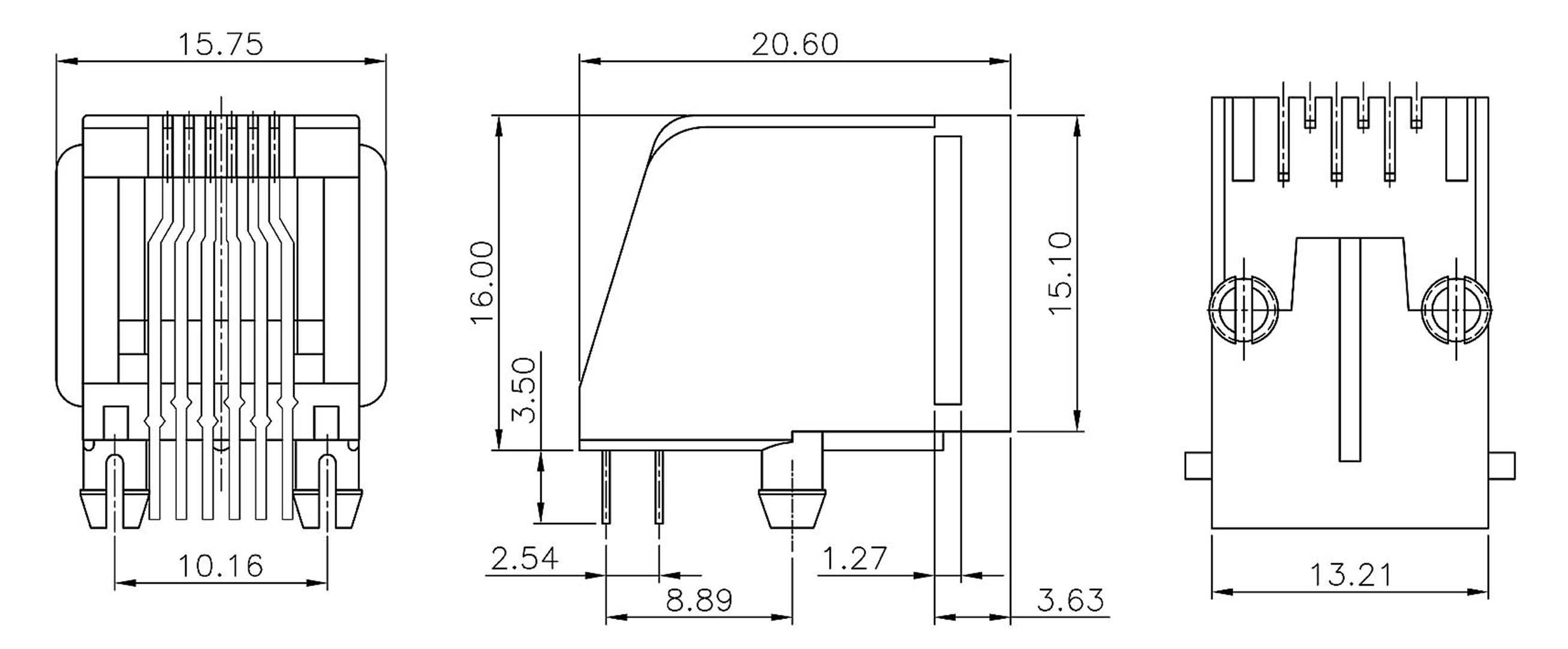 Technische tekening van een onderdeel met drie aanzichten. Maten weergegeven in millimeters. Toont aansluitingen en bevestigingspunten.