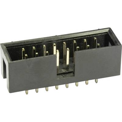 Een zwarte, rechthoekige elektronische stekker met meerdere gouden pinnen, gebruikt voor elektrische verbinding in apparaten.