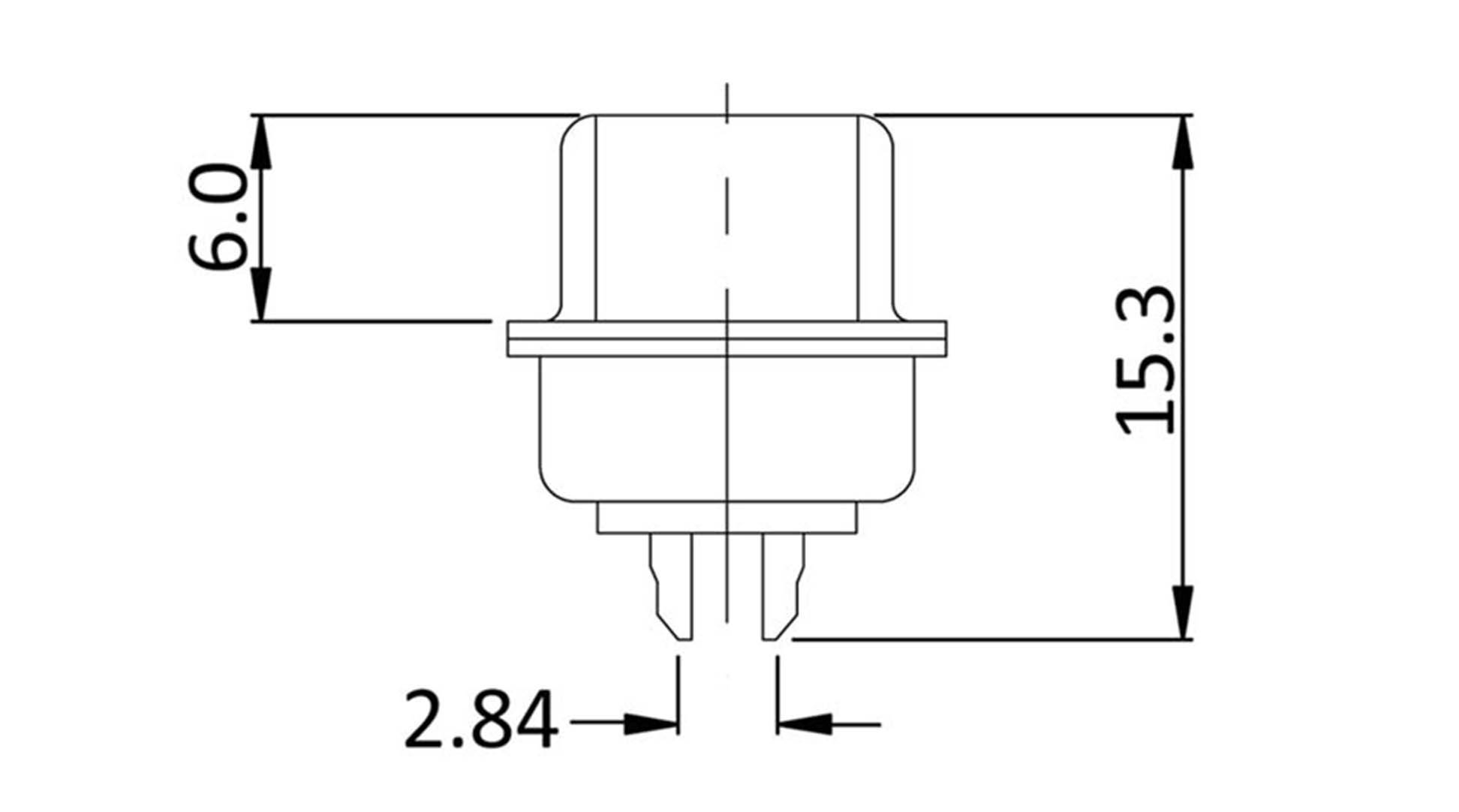 Technische tekening van een schakelaar met afmetingen: breedte 6,0 mm, hoogte 15,3 mm, dikte 2,84 mm. Zijaanzicht met pinnen onderaan.