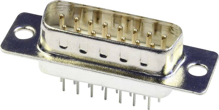 Een zilveren D-Sub-connector met 15 pinnen, typisch gebruikt voor elektronische aansluitingen.