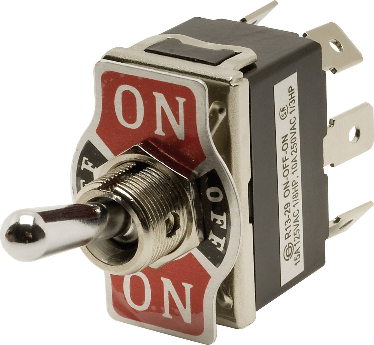 Een aan/uit-schakelaar met 'ON' en 'OFF' markering, geeft de huidige status aan. Zilveren hefboompositie in het midden, geschikt voor elektronische apparaten.