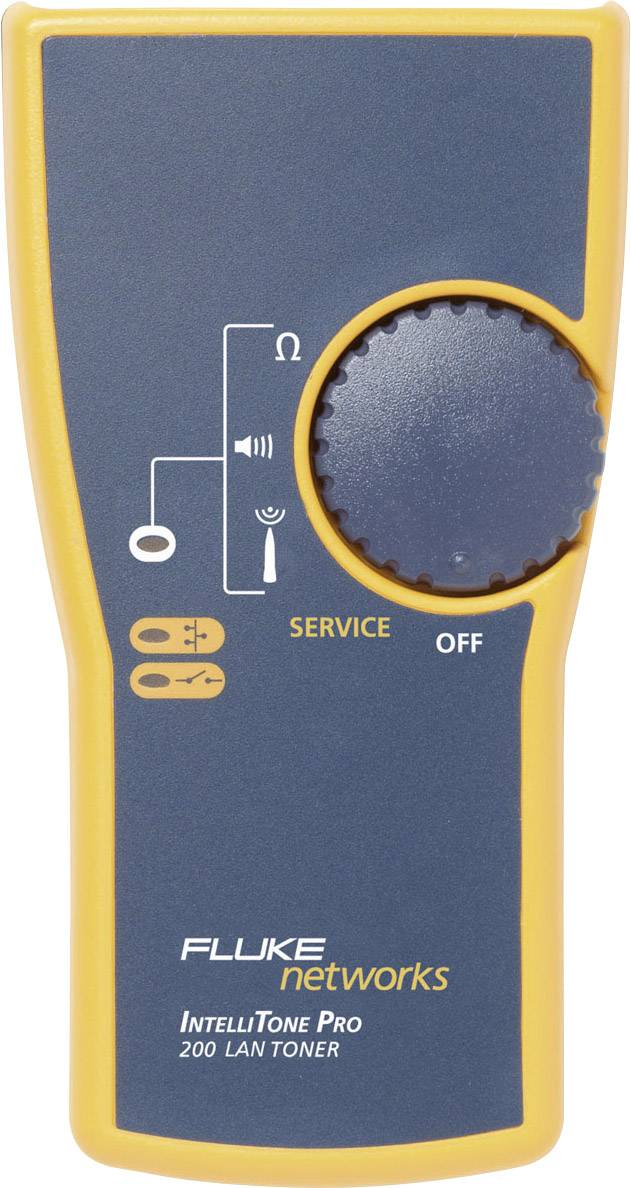 Handapparaat voor kabeldetectie van Fluke Networks, model IntelliTone Pro 200 LAN Toner, grijs-geel ontwerp, met draaiknop voor bediening.