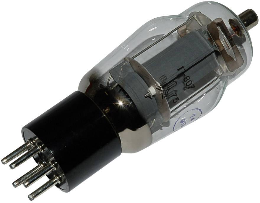 Een elektronenbuis (tetrode) met glazen behuizing en metalen pennen, doorgaans gebruikt in oudere elektronische apparaten voor signaalversterking.