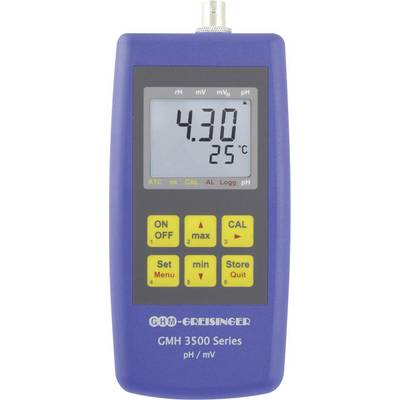 Een blauw pH-meetapparaat toont een pH-waarde van 4,30 en een temperatuur van 25°C op een digitaal display.