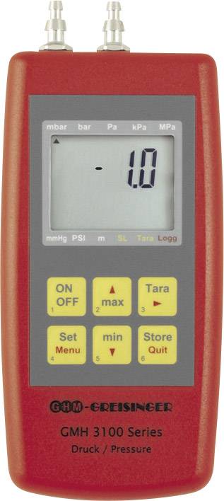 Rood drukmeetapparaat met digitaal display en gele toetsen. Display toont '1.0'. Geschikt voor mbar, bar, Pa, kPa, MPa metingen.
