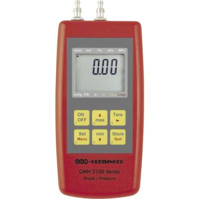 Handmatig drukapparaat, rood, met display-aanduiding '0,00'. Meertalige toetsen voor Aan/Uit, Max, Tara, met keuze voor eenheden zoals mbar en PSI.