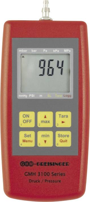 Een rode digitale manometer. Toont "964" op de display. Knoppen eronder: AAN UIT, Menu, Instellen, Tara, Start, Stop.
