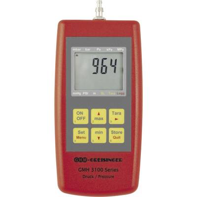 Een rode digitale manometer. Toont "964" op de display. Knoppen eronder: AAN UIT, Menu, Instellen, Tara, Start, Stop.