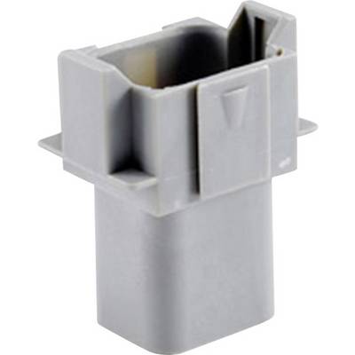 Grijs kunststof onderdeel in rechthoekige vorm met open uiteinden en zijdelingse groeven. Mogelijk een elektrische of mechanische connector.