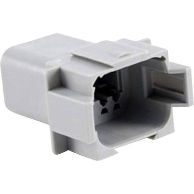 Grijze plastic stekker met rechthoekige vorm en open uiteinden, geschikt voor elektrische verbindingen in technische apparaten.