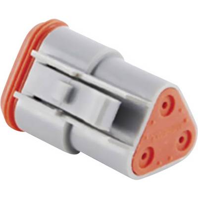 Een grijze en oranje stekker met drie ronde openingen, geschikt voor elektrische verbindingen.