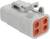 Grijze connector met rode voorkant, vier aansluitbussen zichtbaar.