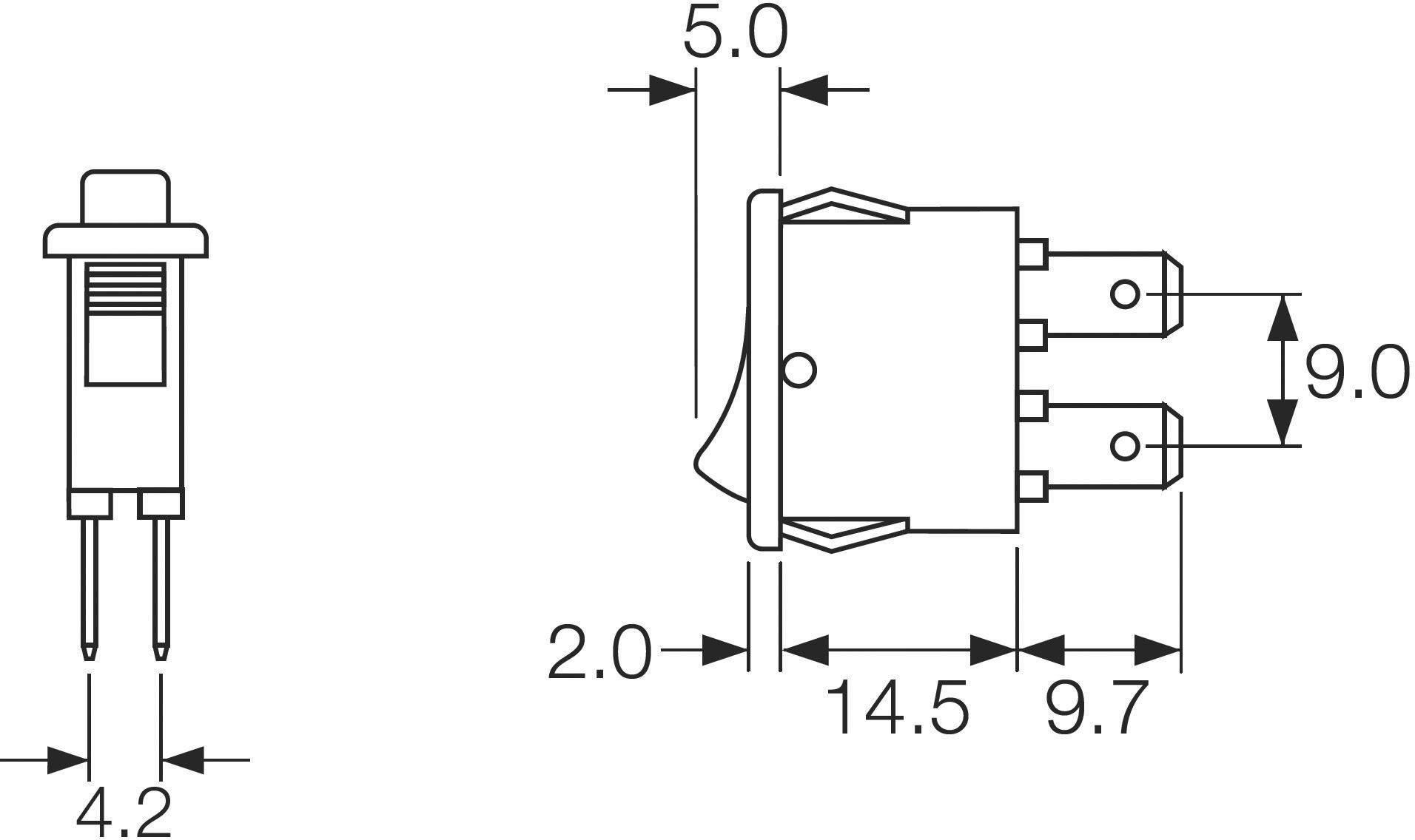 Technische tekening van een schakelaar met afmetingen: breedte 9,0 mm, hoogte 14,5 mm, diepte 5,0 mm, afstand van de aansluitingen 4,2 mm en 2,0 mm.