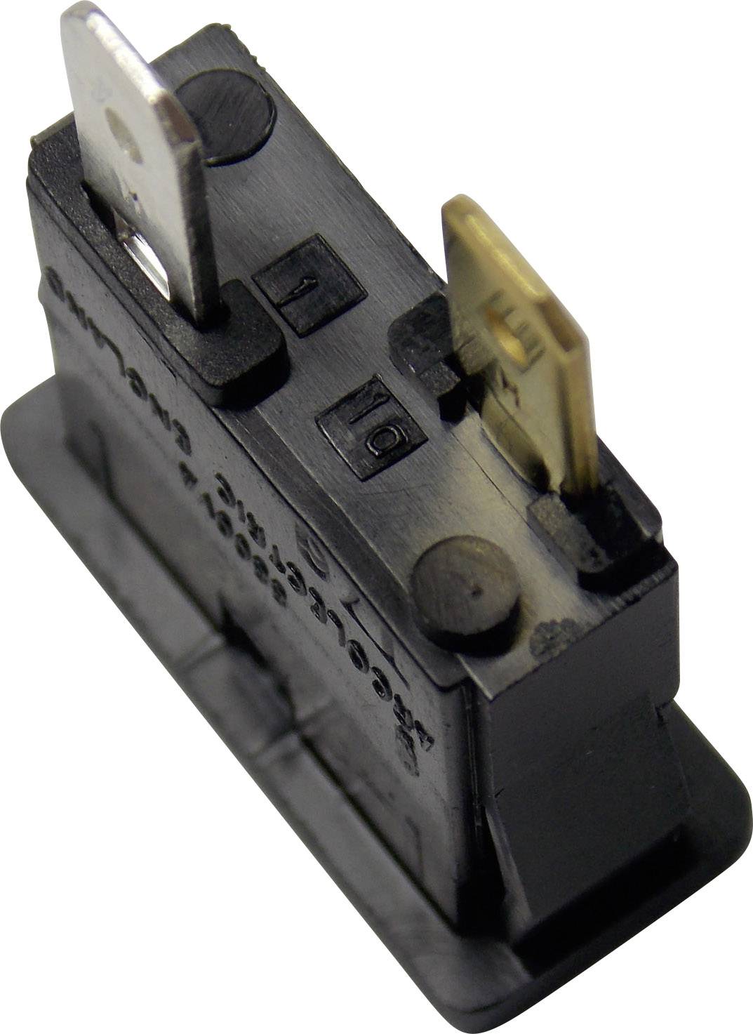 Een zwarte elektrische connector met twee metalen aansluitingen, elk verschillend gemarkeerd.