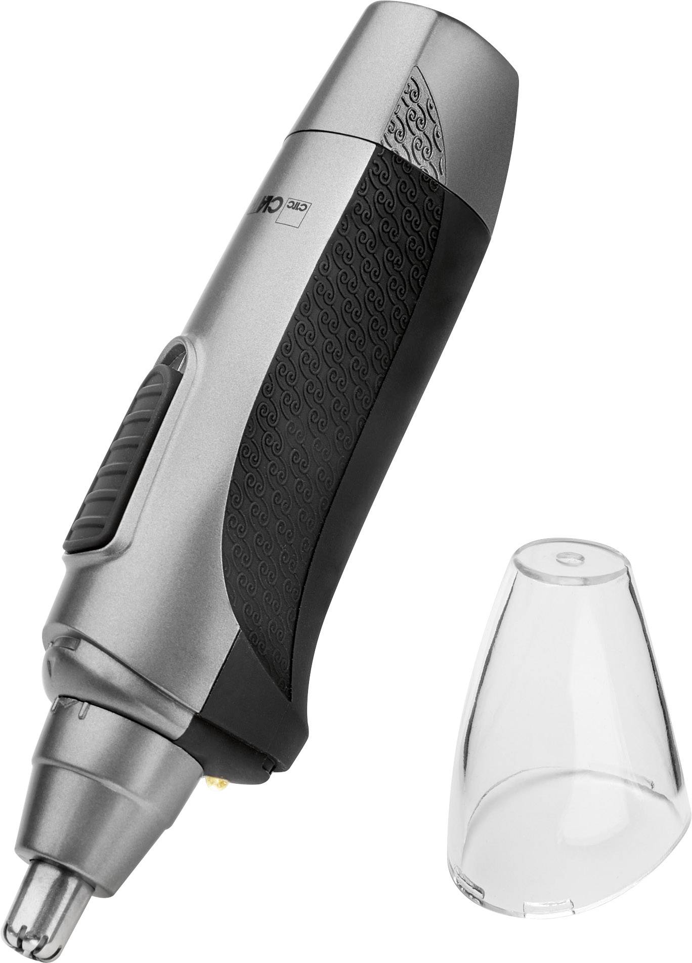 Elektrische neushaartrimmer in zwart en zilver, ergonomisch ontwerp met afneembare kap, geschikt voor nauwkeurig trimmen.