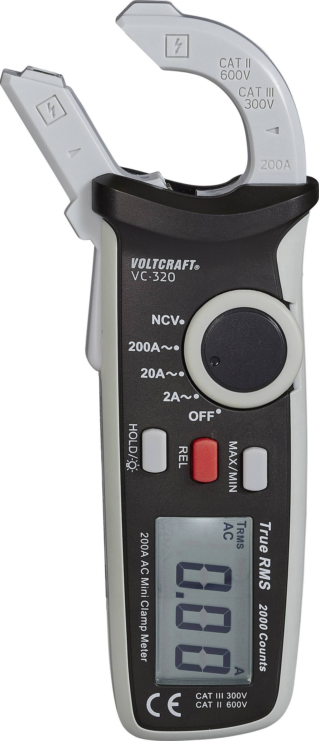 Digitale stroomtang met meetfunctie, schakelaar staat op 'True RMS AC', LCD-display toont '0.00', geschikt voor CAT III 600V en CAT II 300V.