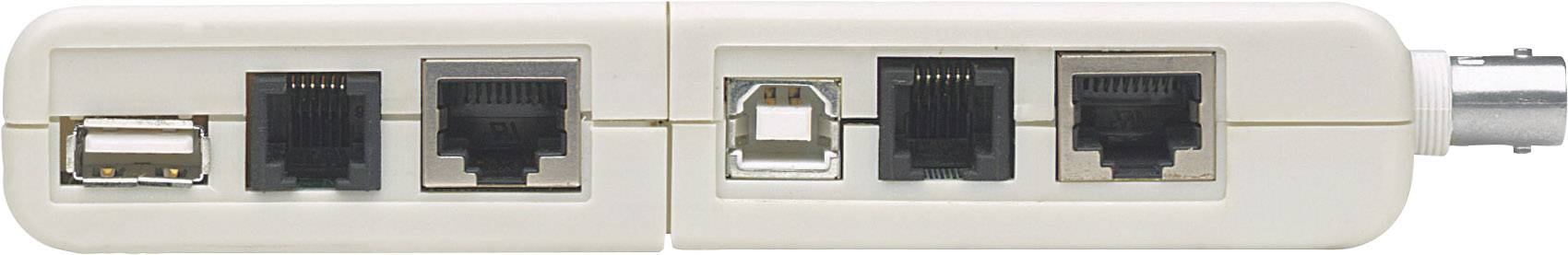 Adapter met meerdere aansluitingen: USB, twee Ethernet-poorten, een RS-232 en een coaxiale aansluiting. Verbindt verschillende apparaten.