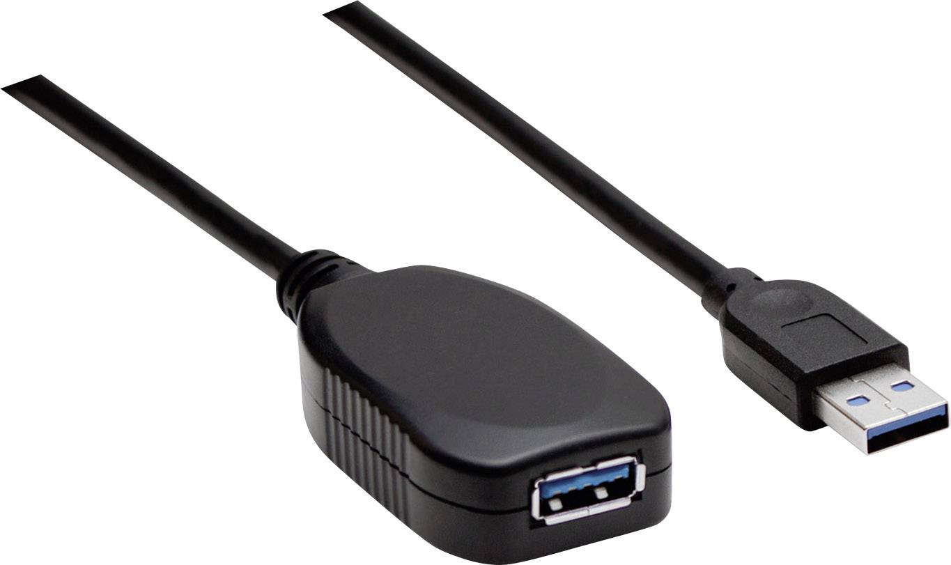 Een zwarte USB 3.0 verlengkabel met een mannelijke en een vrouwelijke aansluiting, geschikt voor snellere gegevensoverdracht.