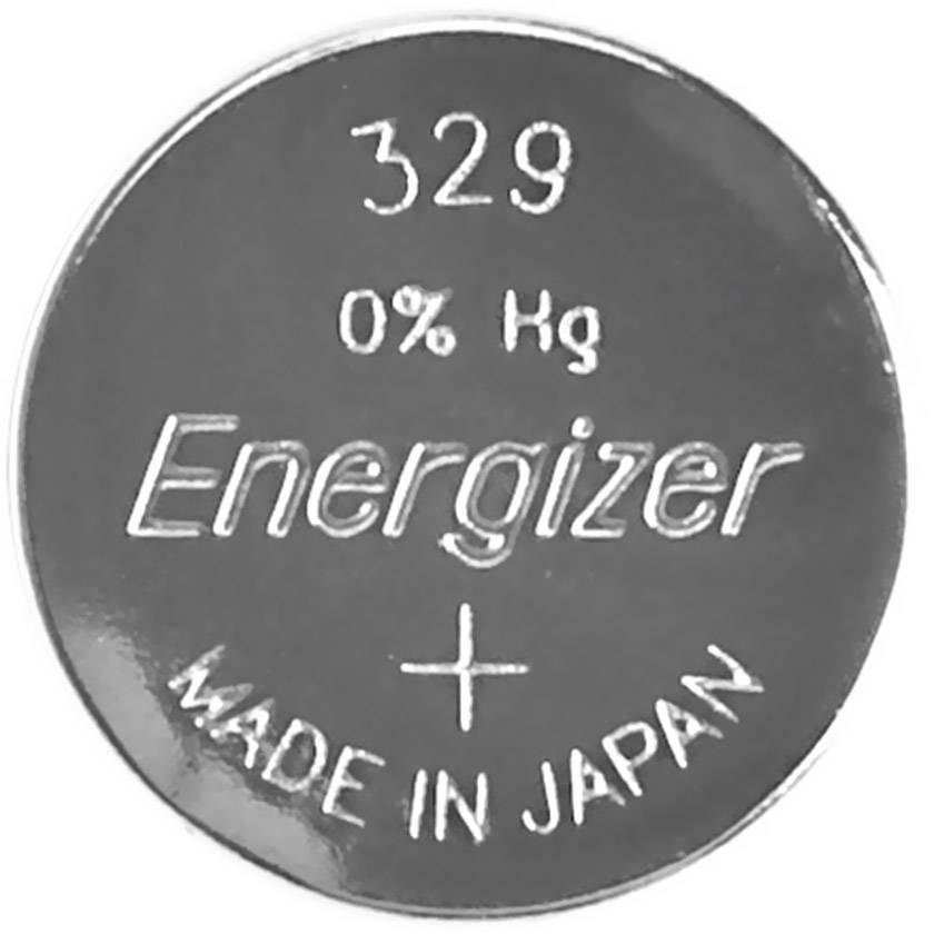 Ronde zilverbatterij met opschrift '329 0% Hg Energizer + MADE IN JAPAN'.