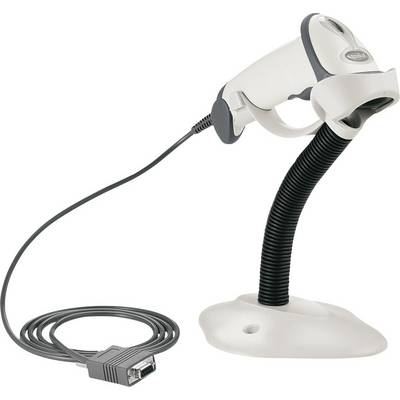 Een bekabelde barcodescanner op een standaard. De scanner is gekanteld voor gemakkelijk gebruik en beschikt over een lang aansluitkabel.