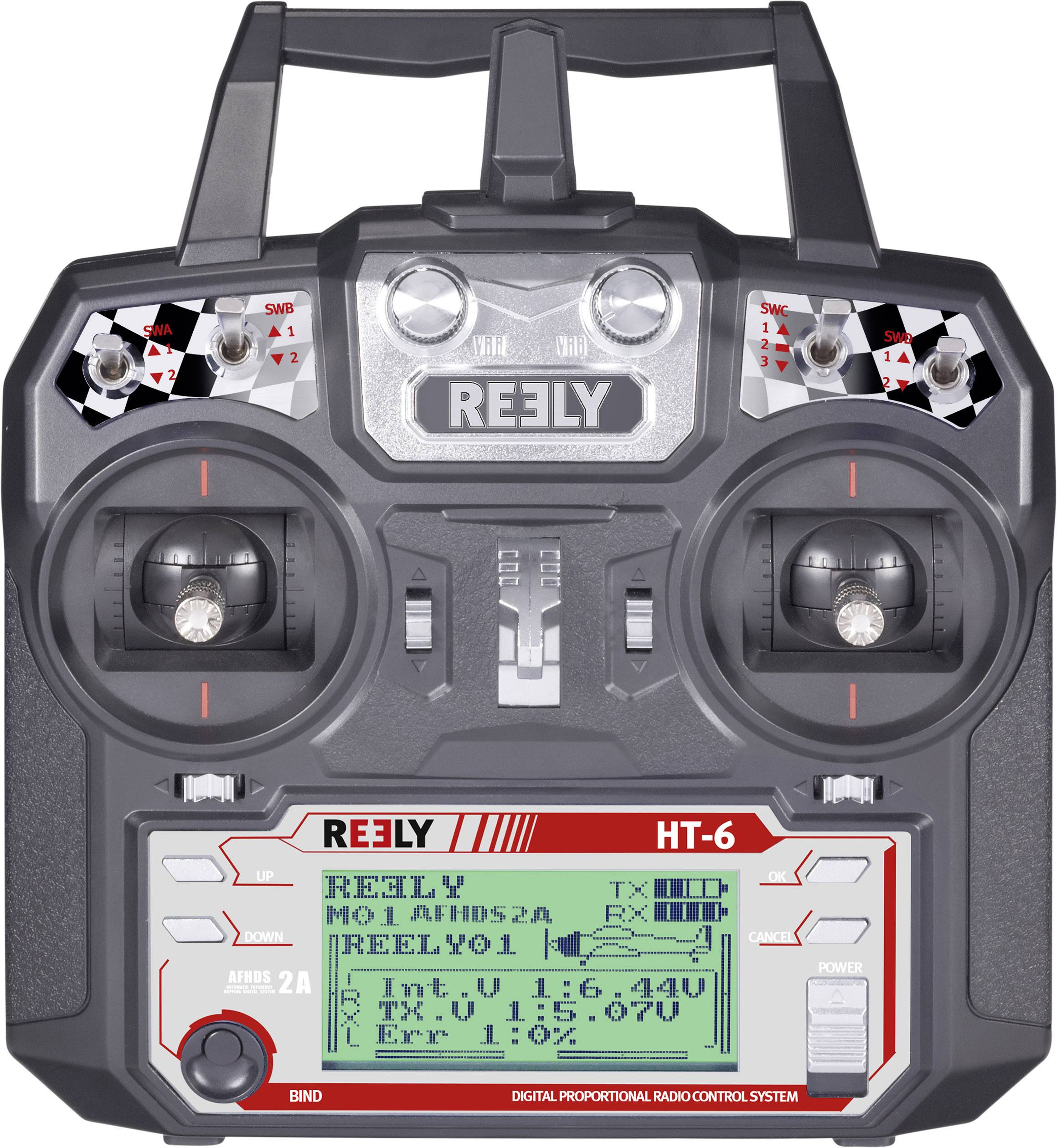 Afstandsbediening met display, toont 'REELY HT-6'. Twee joysticks, meerdere schakelaars. Display toont kanaalinstellingen en andere gegevens.