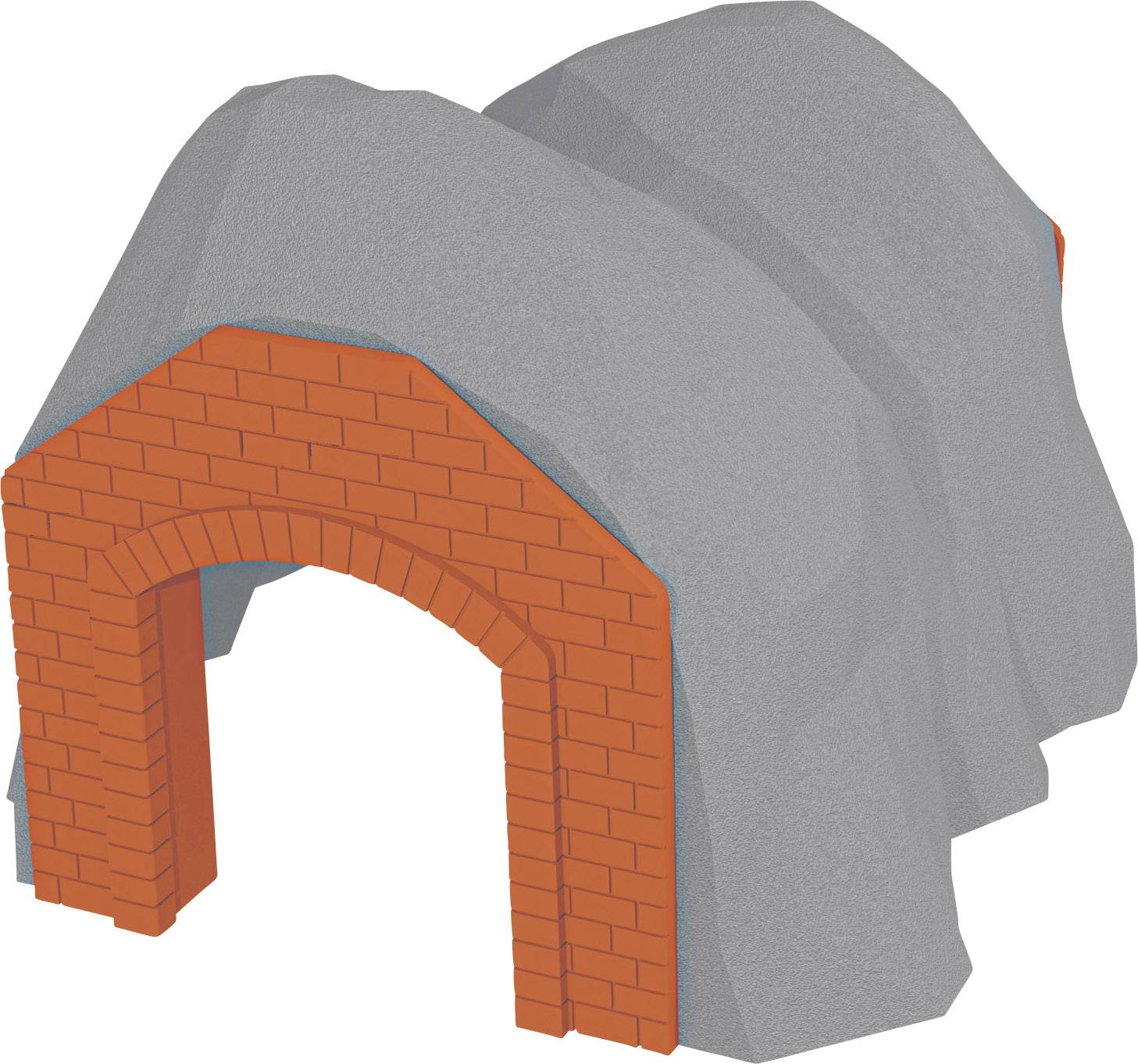 Een tunnel met een rode bakstenen bekleding bij de ingang, die is gebouwd in een grijze rots.