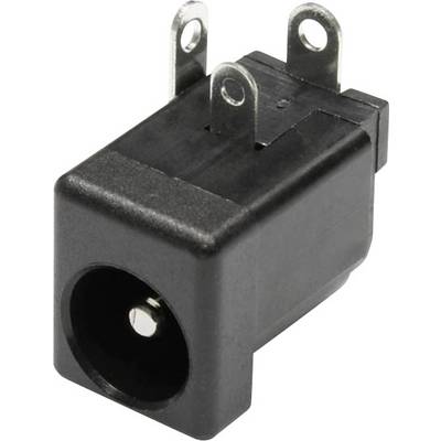 Zwarte DC-stekkerdoos met drie metalen contacten, geschikt voor het aansluiten van voedingsadapters op elektronische apparaten.