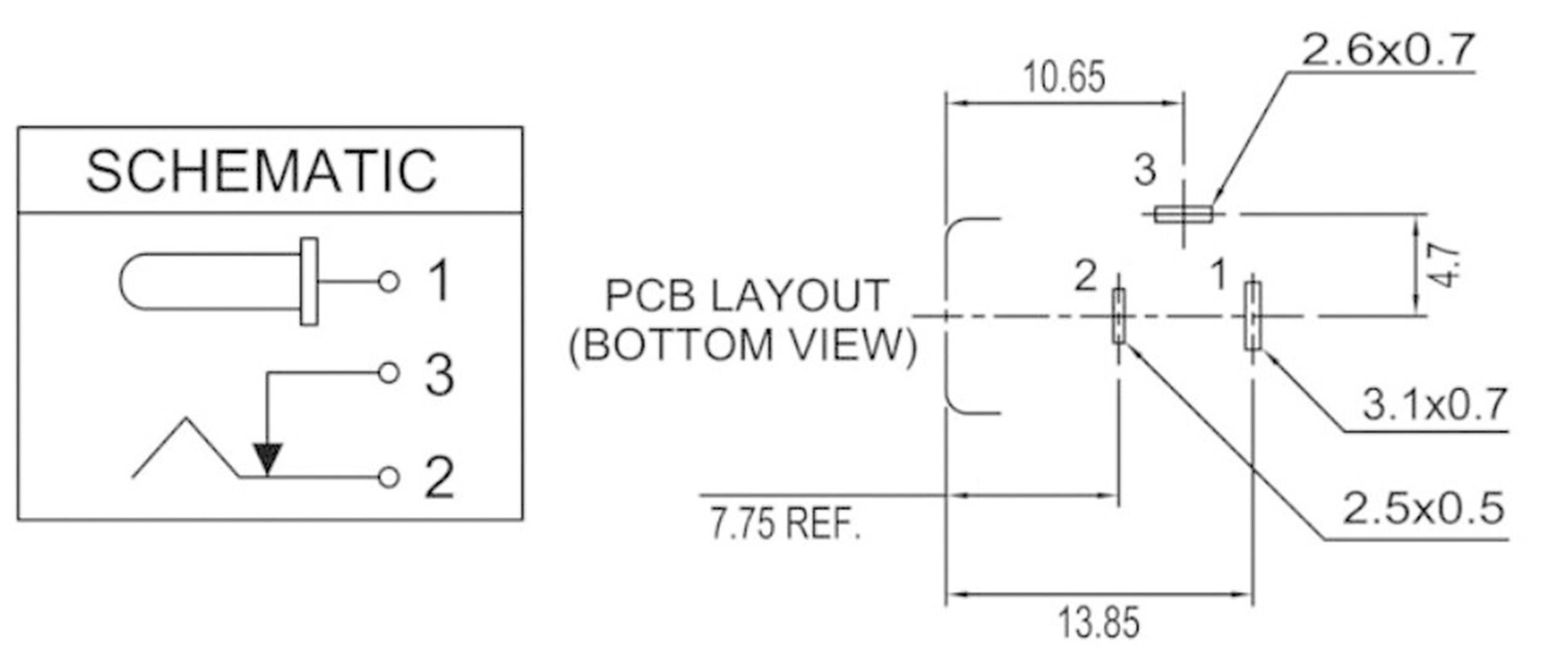 'SCHEMATIC': Symbolen voor een schakelaar, een diode, een weerstand. 'PCB LAYOUT' toont afmetingen en posities van componenten op de printplaat.