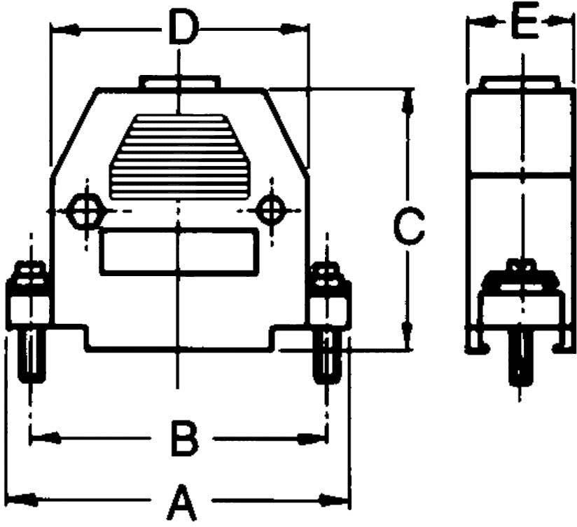 Technische tekening van een mechanisch onderdeel met maatvoering A tot E, voor- en zijaanzicht, toont schroefposities en hoogtes.