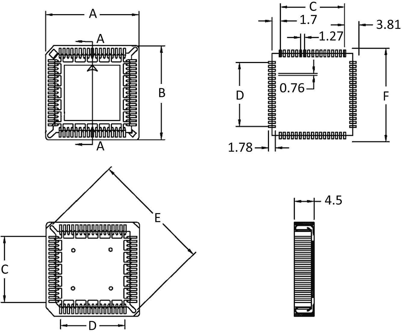 Technische tekening van een vierkante elektronische chip met afmetingen: A, B, C, D, E, F. Toont bovenaanzichten en zijaanzicht.