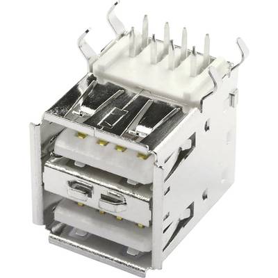 Dubbele USB-connector, rechthoekig, met vier metalen pinnen bovenaan en twee aansluitingen aan de voorkant voor USB-verbindingen.