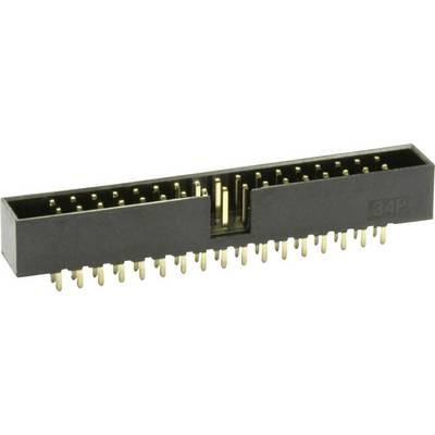Een zwarte stekker met meerdere gouden pinnen, gebruikt voor elektronische verbindingen.