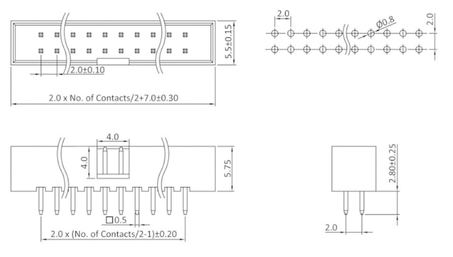 Technische tekening van een elektronische stekkerverbinding met maatvoering in millimeters. Toont voor-, zij- en bovenaanzicht met contactverdeling.