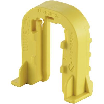Een gele kunststof afstandshouder met de vermelding '3 mm', gebruikt om een nauwkeurige afstand te garanderen tijdens montagewerkzaamheden.