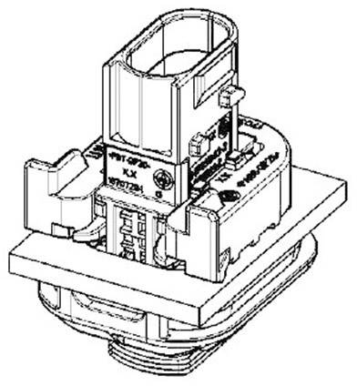 Technische tekening van een connector met meerdere componenten en labels; toont montage- en aansluitdetails.