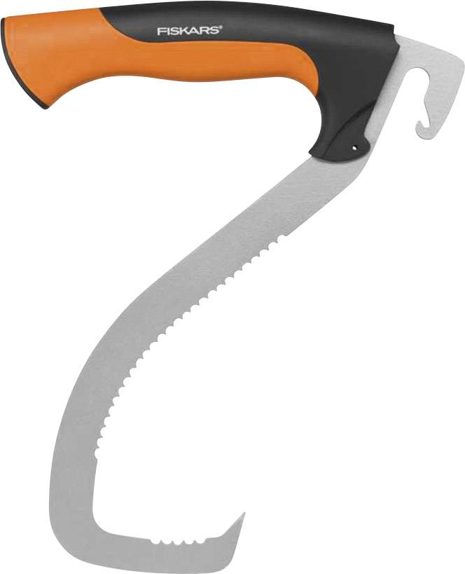 Een oranje-zwarte grijphaken met getande metalen boog en ergonomische handgreep van Fiskars, voor het verplaatsen van boomstammen.
