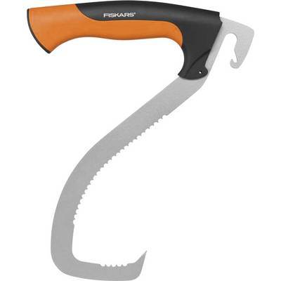 Een oranje-zwarte grijphaken met getande metalen boog en ergonomische handgreep van Fiskars, voor het verplaatsen van boomstammen.