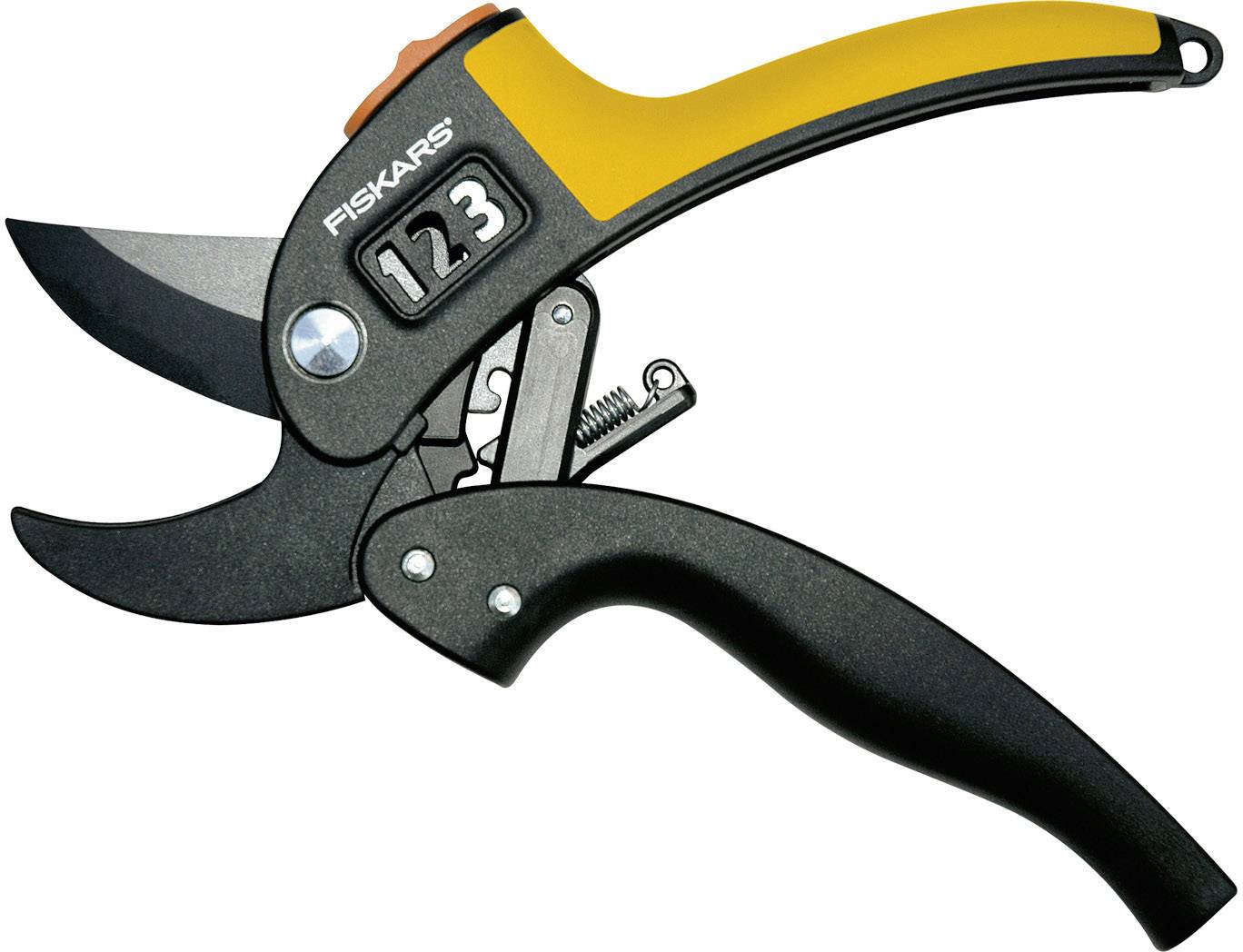 Tuinschaar met ergonomische handgreep, zwart-geel, merk 'Fiskars', modelnummer '123'. Geschikt voor precies snoeien van takken.