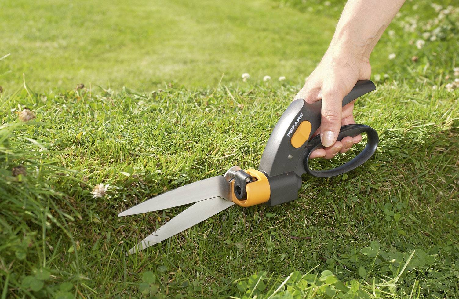 Een hand gebruikt een grasschaar om een grasvlakte nauwkeurig te knippen. De omgeving is groen en netjes onderhouden.