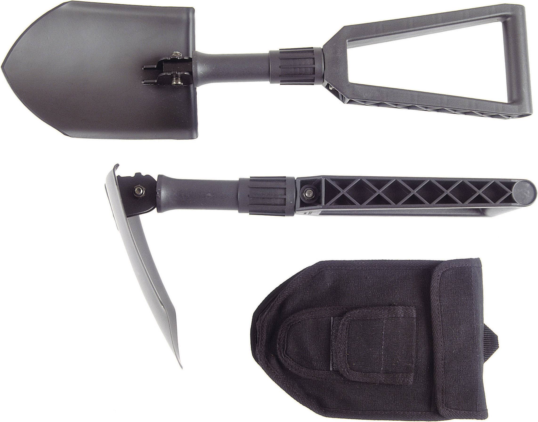 Opvouwbare schep met kunststof handvat, gedeeltelijk opgevouwen. Ernaast een zwarte nylon opbergtas.