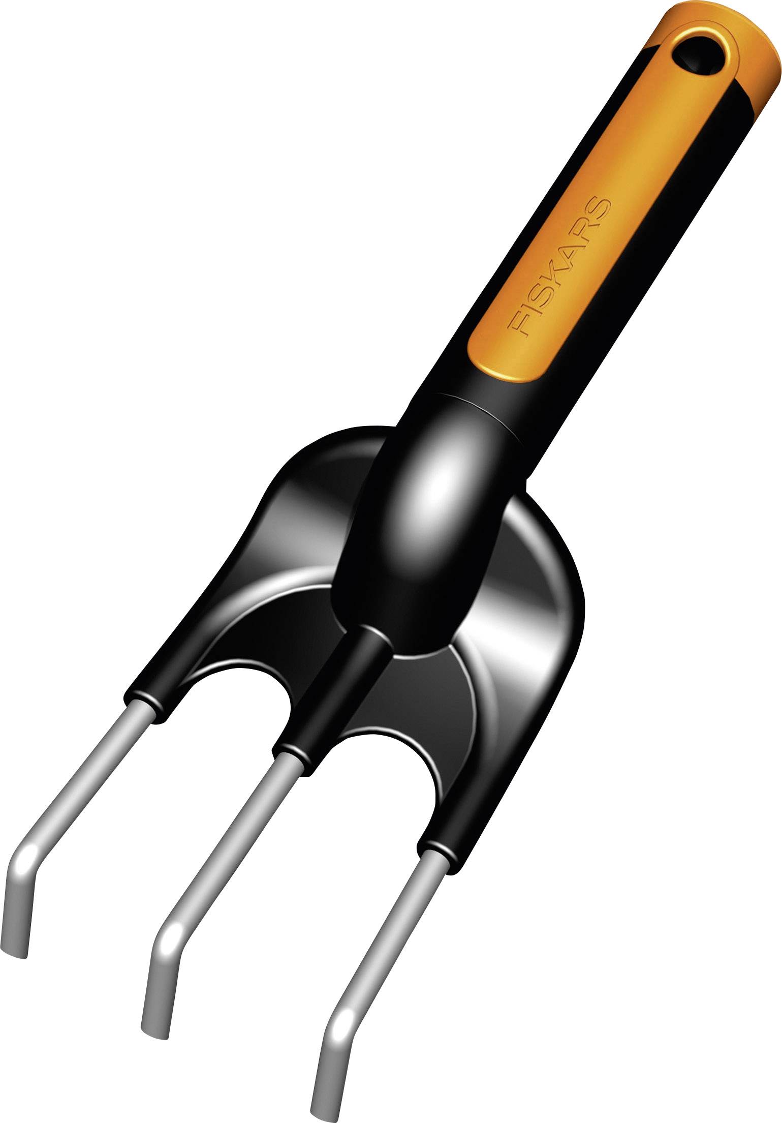 Een drietandige handheffer met ergonomische greep, geschikt voor tuinwerkzaamheden.