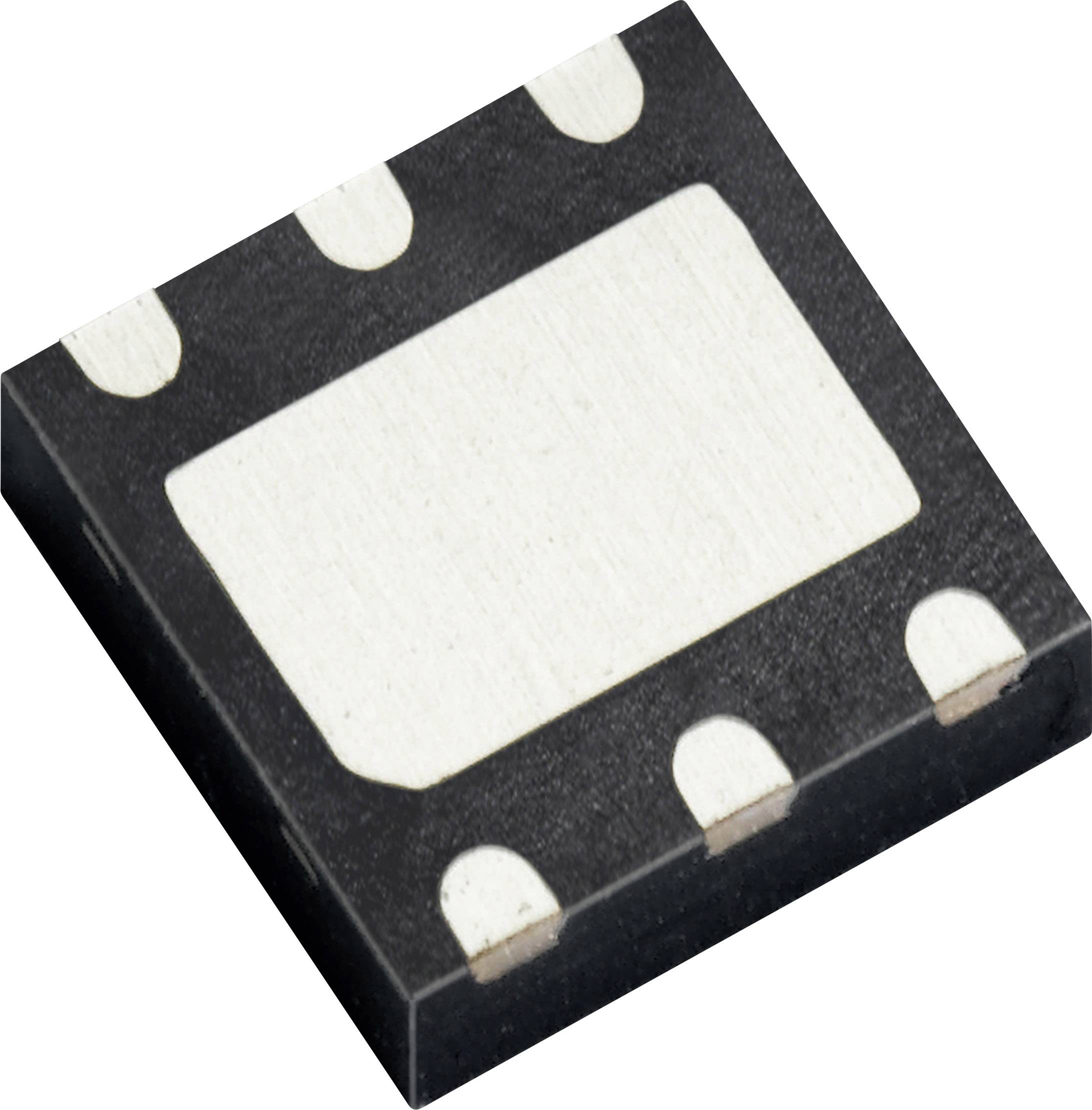 Een vierkante, platte microchip met meerdere metalen contacten aan de zijkanten, liggend op een witte ondergrond.