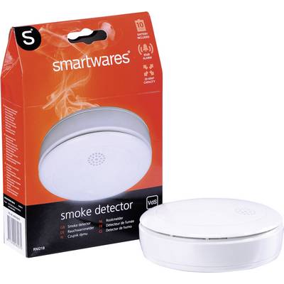 Verpakking van een Smartwares rookmelder met afgebeeld product. Tekst: 'rookmelder'. Bevat technische details zoals 10-jaar batterij.
