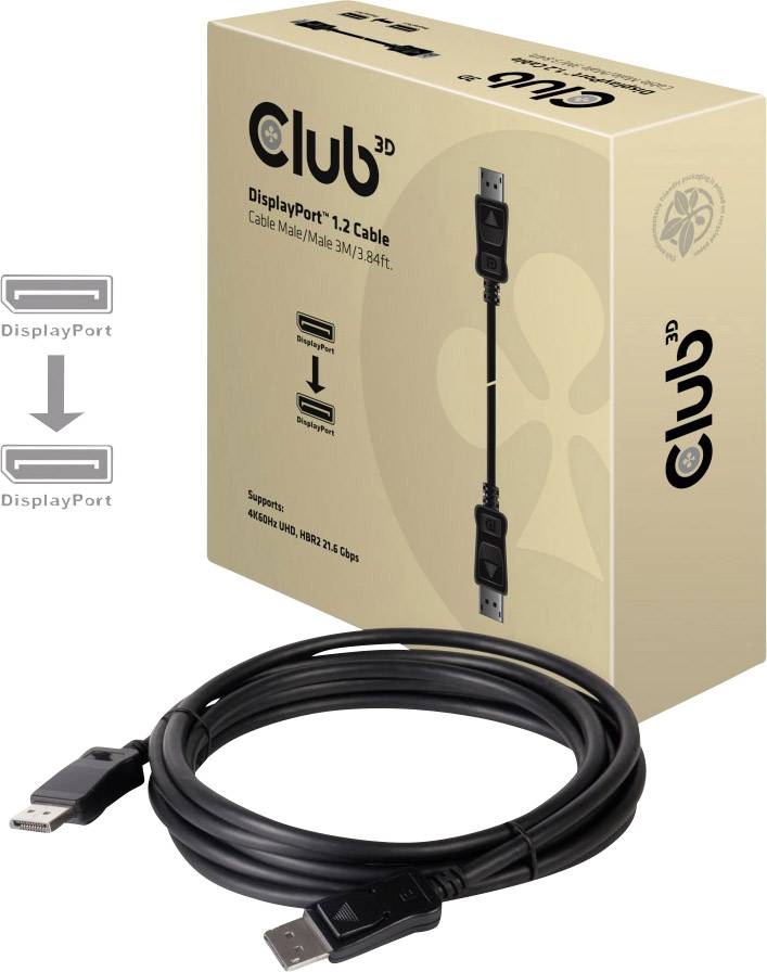 DisplayPort 1.2-kabel van Club 3D, 3 meter lang, toont beide aansluitingen en verpakking met productinformatie.